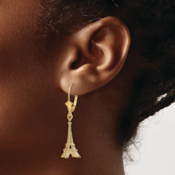 14k Yellow Gold 3D Textured Eiffel Tower Dangle Earrings