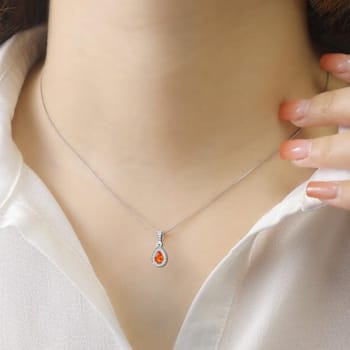 Peach Orange Lab Created Teardrop Padparadscha Sapphire Sterling Silver
Pendant with Necklace