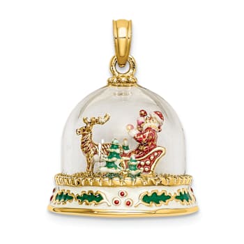 14k Yellow Gold 3D Enameled Christmas Snow Globe Pendant