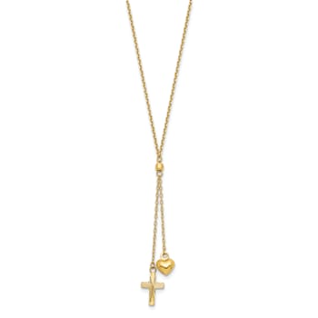 14K Yellow Gold Puffed Heart and Diamond-cut Cross Graduated Chain with
2-inch Extension Necklace