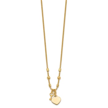 14K Yellow Gold Polished and Diamond-cut Lock and Heart Charm Necklace