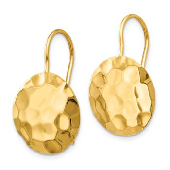14k Yellow Gold Hammered Circle Disc Dangle Earrings