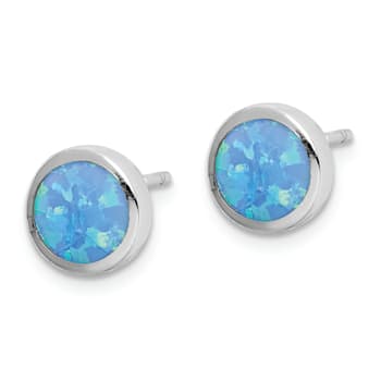 Rhodium Over Sterling Silver Polished Blue Created Opal Round Stud Earrings