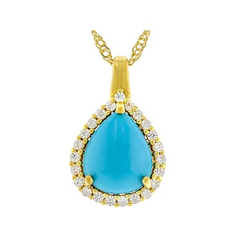 Turquoise Pear And White Zircon Halo Pendant Necklace In 18K Gold Over
Sterling Silver 0.41ctw