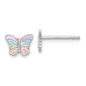 Rhodium Over Sterling Silver Rainbow Enamel Butterfly Children's Post Earrings