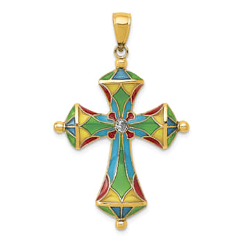 14k Yellow Gold Multi-Color Enamel Cross Pendant