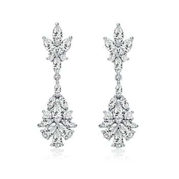 CZ Cluster Drop Earrings In Sterling Silver