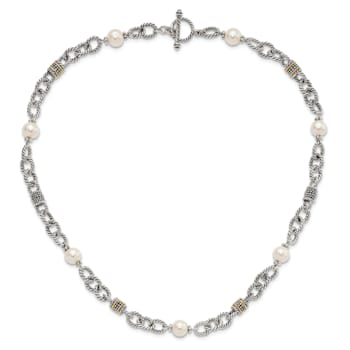 Sterling Silver Antiqued with 14K Accent Freshwater Cultured Pearl Necklace