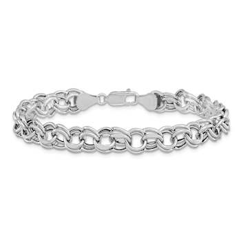 Rhodium Over 14k White Gold 7.5mm Diamond-Cut Double Link Charm Bracelet