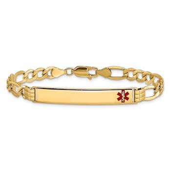 14k Yellow Gold Medical Polished Red Enamel Figaro Link ID Bracelet