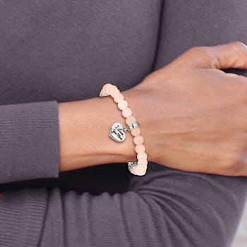 Stainless Steel I Love You More Heart Pink Jade Beaded Stretch Bracelet Stainless Steel I Love You More Heart Pink Jade Beaded Stretch Bracelet