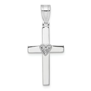 Rhodium Over 14K White Gold 0.01ct Diamond Heart Cross Pendant