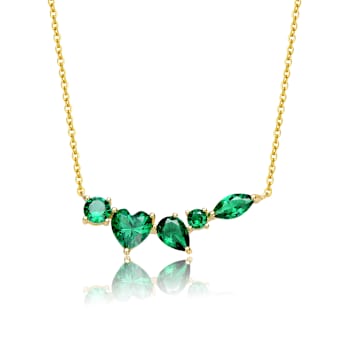 Emerald Color CZ Heart Station Necklace In 14K Gold Over Sterling Silver