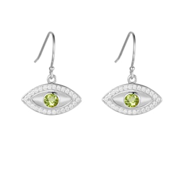 Green Peridot Rhodium Over Sterling Silver Evil Eye Earrings