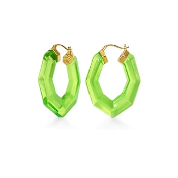 14K Yellow Gold Over Sterling Silver Pear Gem Acrylic Hoops in Green