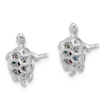 Rhodium Over Sterling Silver Multi-color Cubic Zirconia Turtle Post Earrings