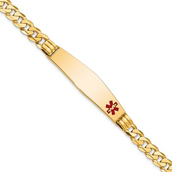 14k Yellow Gold Medical Soft Diamond Shape Red Enamel Curb Link ID Bracelet