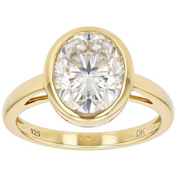 Bezel Set Oval Moissanite Solitaire Ring In 14K Gold Over Sterling Silver