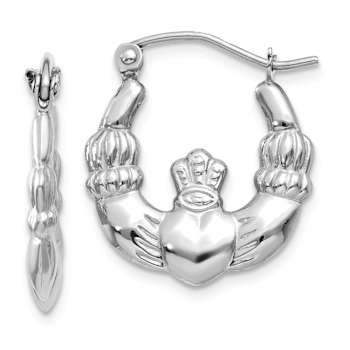 Rhodium Over 14k White Gold 3/8" Textured Claddagh Hoop Earrings
