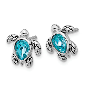 Rhodium Over Sterling Silver Antiqued Crystal December Birthstone Turtle Earrings
