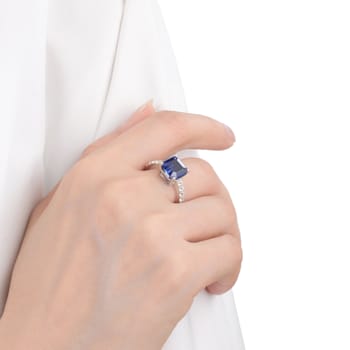 Blue Asscher Cut Lab Created Sapphire, Round White Topaz Accents Rhodium
Over Silver Ring for Women