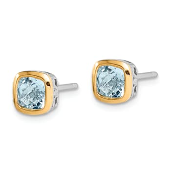 Rhodium Over Sterling Silver with 14k Accent Aquamarine Square Stud Earrings