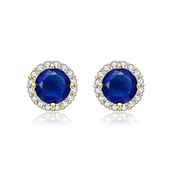 Sapphire Color CZ Halo Stud Earrings In 14K Gold Over Brass