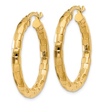 14k Yellow Gold Polished and Textured 1 1/16" Hoop Earrings