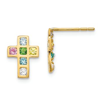 14k Yellow Gold Multi-Colored Cubic Zirconia Cross Stud Earrings