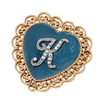 Gold Tone Filigree Heart Blue Enamel Initial Pin