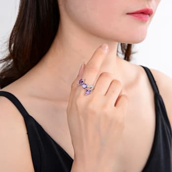 Amethyst and White Topaz Sterling Silver Bypass Ring, 3.78ctw