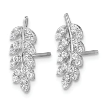 Rhodium Over Sterling Silver Polished Cubic Zirconia Leaf Post Earrings