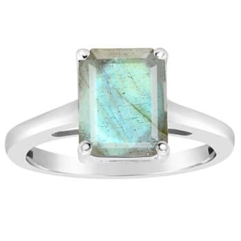 10x8mm Emerald Cut Labradorite Rhodium Over Sterling Silver Ring