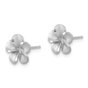 Rhodium Over 14K White Gold 8.5mm Satin Diamond-Cut Plumeria Stud Earring