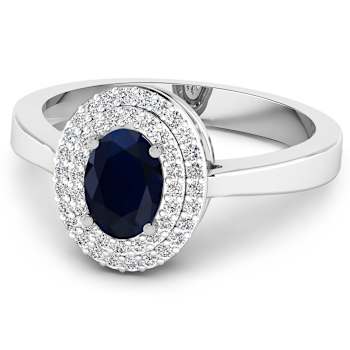 1.06ctw Blue Sapphire and Diamond 14K White Gold Halo Ring