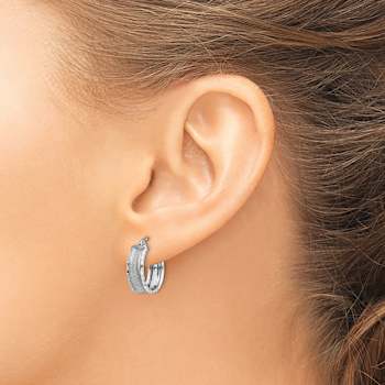 Rhodium Over 14k White Gold 5/8" Diamond-Cut and Satin Hoop Earrings