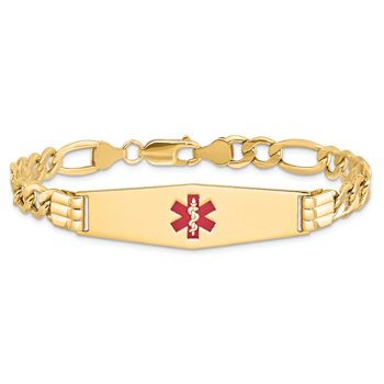 14k Yellow Gold Medical Soft Diamond Shape Red Enamel Figaro Link ID Bracelet