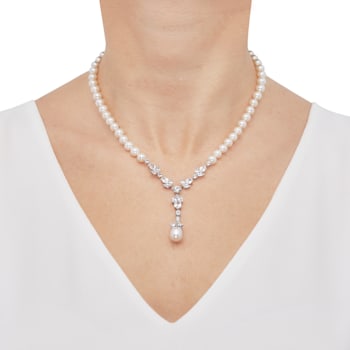 White Freshwater Pearl and White Sapphire Sterling Silver Lariat Necklace