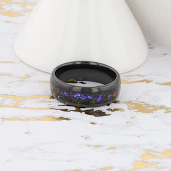 COSMIC Black Tungsten Ring with Crushed Alexandrite and Dark Blue and
Purple Crushed Goldstone 8mm