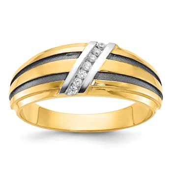 10K Two-tone Yellow Gold with Black Rhodium Men's Polished Diamond Ring 0.06ctw