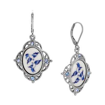 Silver Tone Blue Willow Stone Crystal Leverback Earrings