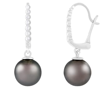 14k gold leverback earrings with .07CT DTW and round 8-9mm Tahitian Pearls