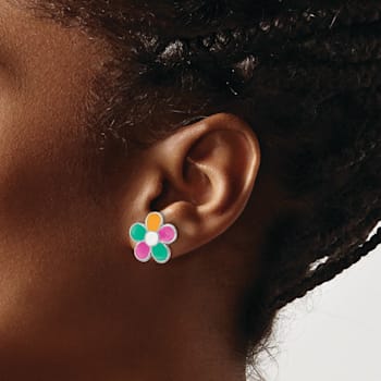 Rhodium Over Sterling Silver Enamel Flower Children's Post Earrings