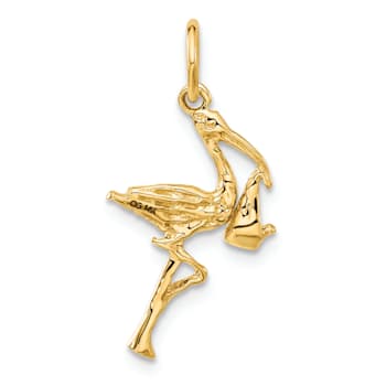 14k Yellow Gold Textured Solid Stork Charm Pendant