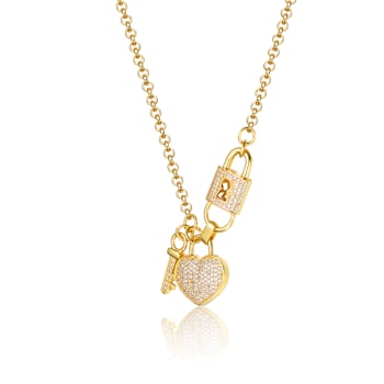 CZ Pave Heart Padlock And Key Charm Necklace In 14K Gold Over Sterling Silver