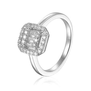Baguette White Topaz and Round Moissanite Sterling Silver Halo Ring 1.75ctw