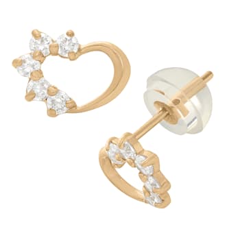 White Cubic Zirconia 14k Yellow Gold Children's Heart Earrings 0.20ctw