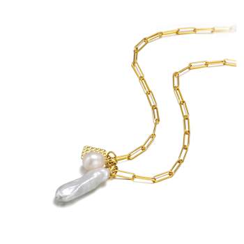 Cultured Pearl And Charm Paperclip Link Chain Necklace in 14k Gold Over Silver