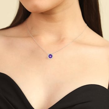 Dark Purple Amethyst with White Topaz Halo Rhodium Over Sterling Silver Necklace