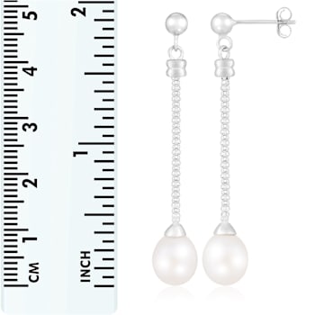 White Cultured Freshwater Pearl Rhodium Over Sterling Silver 7-8mm Drop Earrings